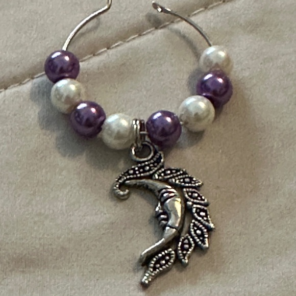 3/$15 Wine glass tag – stainless steel hoop, purple/white beads, crescent moon - Picture 1 of 11